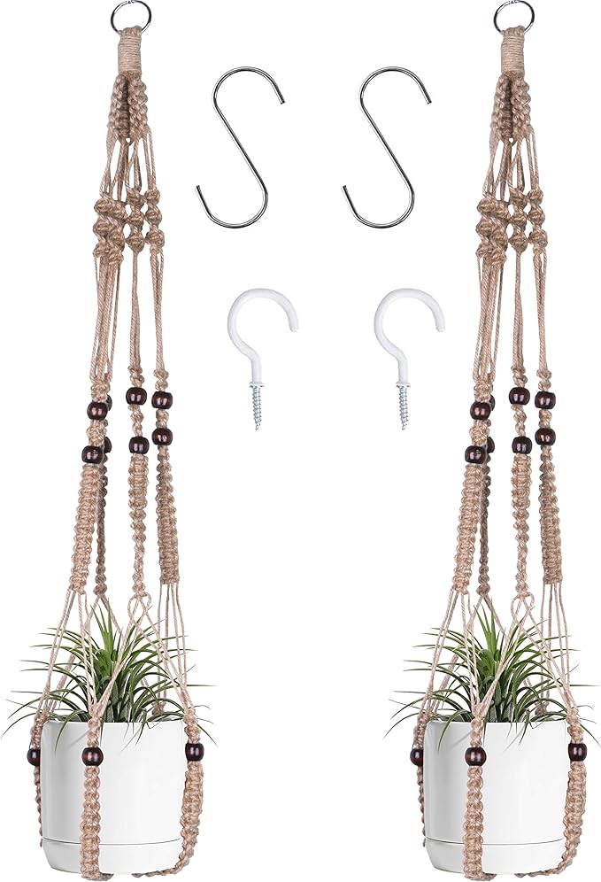 Macrame Plant Hanger Indoor Hanging with Wood Beads Macrame Planters No Tassel for Indoor Outdoor Boho Home Decor 35 Inch(Brown, 2) BlueMake