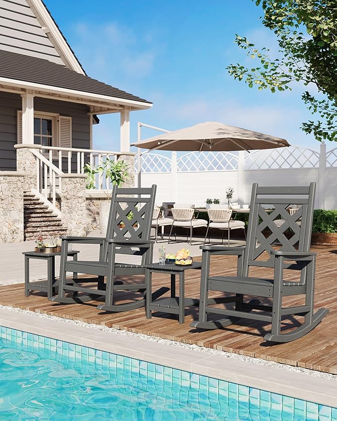 GarveeLife Outdoor Rocking Chair Set of 2, HDPE Weather Resistant Patio Rocking Chair Porch Rocker with Wood Texture & 380 LBS Support for Deck, Pool, Backyard, Gray GarveeLife