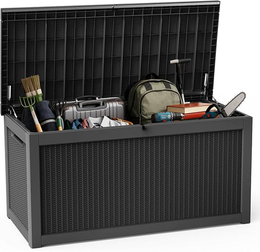 DRATO 320 Gallon Deck Box, Outdoor Large Waterproof Resin Storage Box with Lockable Lid for Patio Cushions, Gardening Tools （Black，320 Gallon） DRATOprovidesawarmandcozy