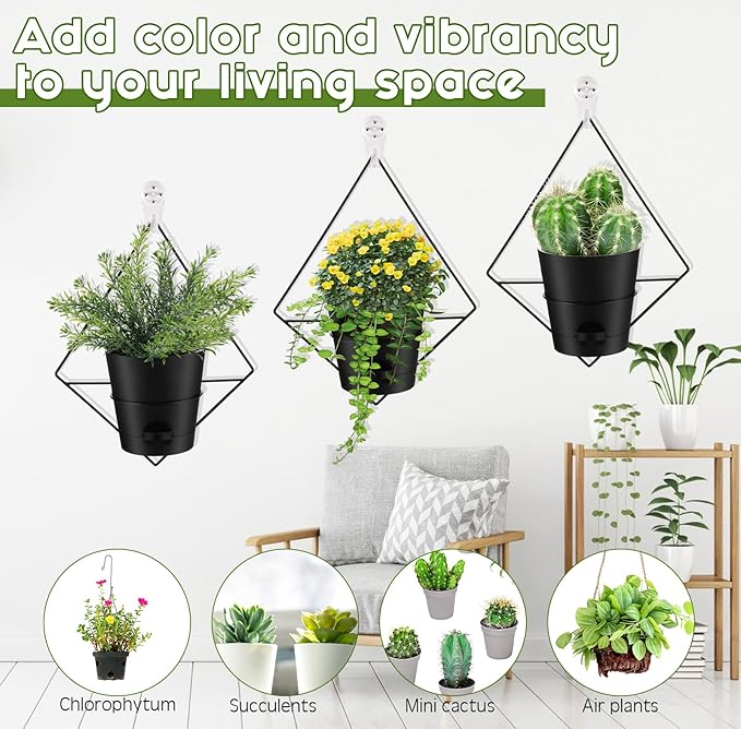 Baderke 6 Sets Wall Planters for Indoor Plants Hanging Wall Planter with Metal Holder Geometric Self Watering Wall Pots Mounted Succulent Pots, 5" Black Plant Container Baderke