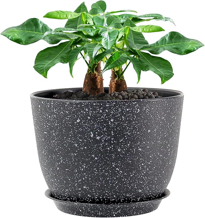 12inch Large Plant Pot, Modern Plastic Planter with High Driange Holes and Saucer for Indoor Outdoor Garden Plants and Flowers, Black Speckles UOUZ