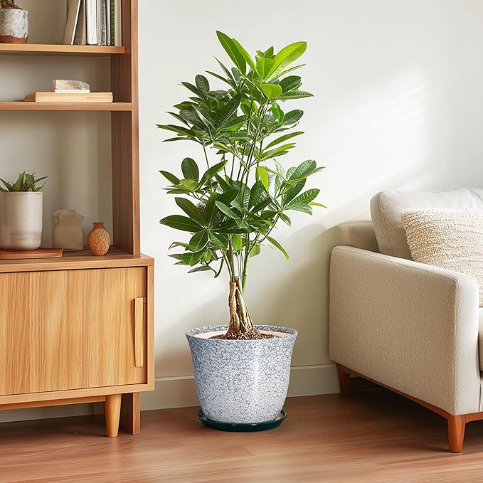 Ceramic Planter - 10 Inch Plant Pot for Indoor Outdoor, Round Planter with Drainage Hole and Plant Tray, Large Decorative Planters, Modern Flower Pot, Home Room Decor, Gardening Gift, Green SUNPOTFOR