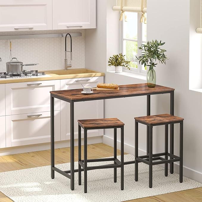 HOOBRO Bar Table and Chairs Set, 47.2” Rectangular Pub Table with 2 Stools for Small Space, High Top Table, 3-Piece Breakfast stools Set, Sturdy Metal Frame, Easy to Assemble, Rustic Brown BF52BT01 HOOBRO