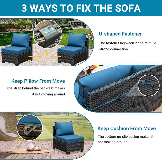 Jing's Villa 2 Piece Outdoor Wicker Armless Sofa, Patio Rattan Sectional Sofa Set with Thick Seat Cushions and 2 Back Cushions for Garden Patio, Backyard, Poolside Peacock Blue JingsVillaOutdoorFurniture