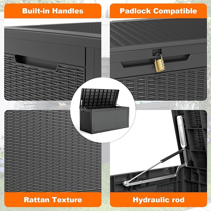 ROJIK Outdoor Storage Housing Deck Box - Waterproof Patio Furniture, Garden Tools, Cushions, Pool Accessories Storage Bench with Lockable Lid and Side Handles (Black 110 Gal) ROJIK