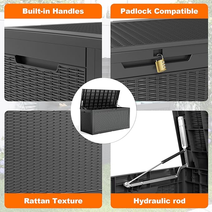 120 Gallon Resin Deck Box, Lockable Weatherproof Outdoor Storage Box for Furniture, Garden Tools and Tools Storage, Waterproof Outside Storage Boxes - Black OutdoorLivingPerfected
