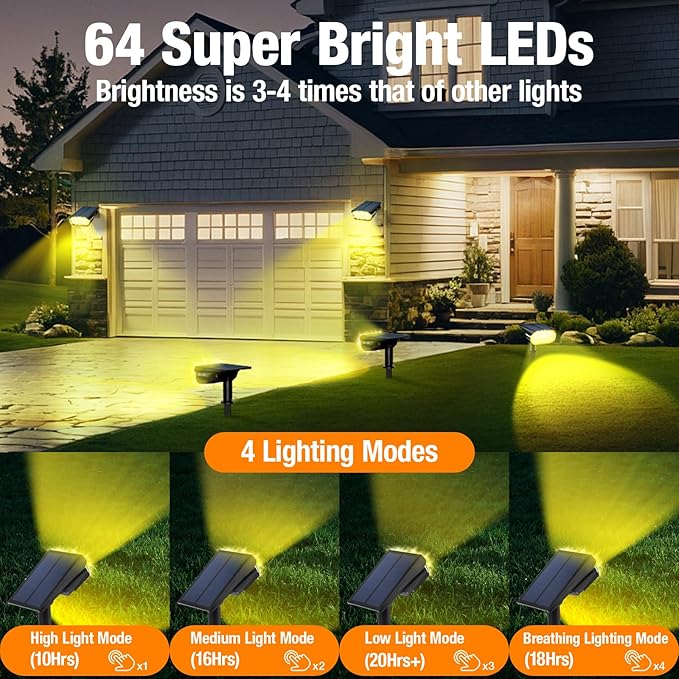 2 Pack Solar Spot Lights Outdoor 1000 Lumens, 64 LEDs IP67 Waterproof Landscape Lighting with 4 Modes - 2-in-1 Solar Spotlight & Pathway Light for Garden, Yard, Patio Decor, Warm White AOUNQ