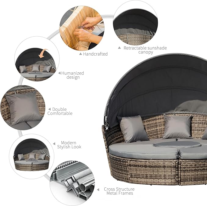 Outsunny 4-Piece Round Convertible Daybed with Cushions, Outdoor PE Rattan Patio Wicker Sofa Set, Sunbed with Adjustable Sun Canopy, Sectional Sofa, 2 Chairs, Table, 3 Pillows, Gray Outsunny