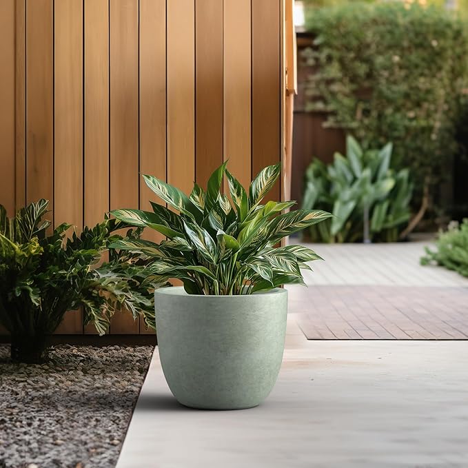 Kante 14 Inch Dia Round Concrete Planter, Indoor Outdoor Large Plant Pot with Drainage Hole and Rubber Plug for Home Patio Garden, Mint Green Kante
