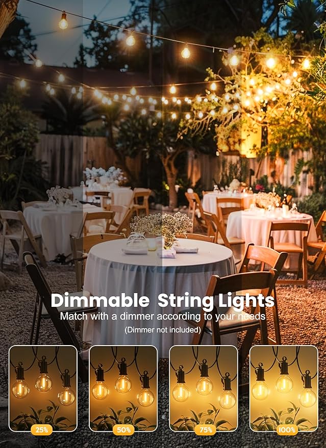 Brightown Outdoor String Lights, 25FT 12+1 G40 Bulbs Shatterproof Patio Lights, IP65 Waterproof Dimmable Hanging Connectable Globe LED Outdoor Lights for Backyard, Bistro, Porch, Deck, Balcony Brightown