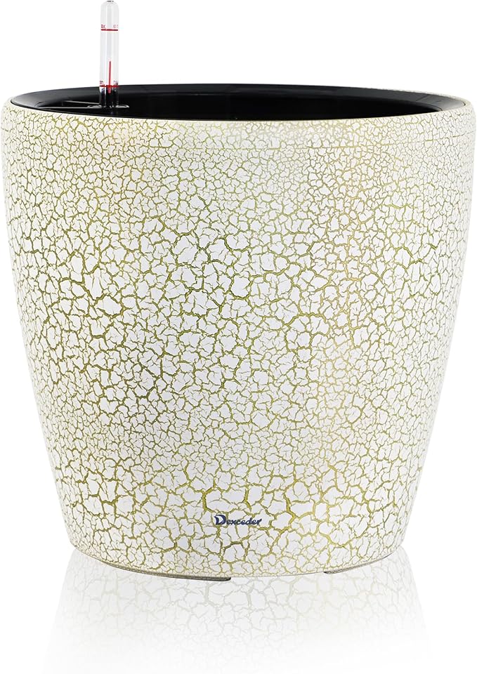 Dexceder 15x14 Self Watering Planter with Wheels Indoor Outdoor, Inner Pot Design, Thickened Large Floor Standing Flower Plant Pot with Water Level Indicator (White Gold Crackle) Dexceder