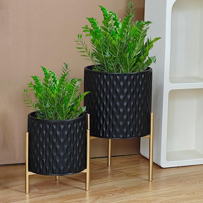 ARNIS Plants Pots with Stand, Set of 2 Planters, Unique Mid Century Decorative Metal Flower Pots with Drainage, 8.25 & 10.5 Inch, Black ARNIS