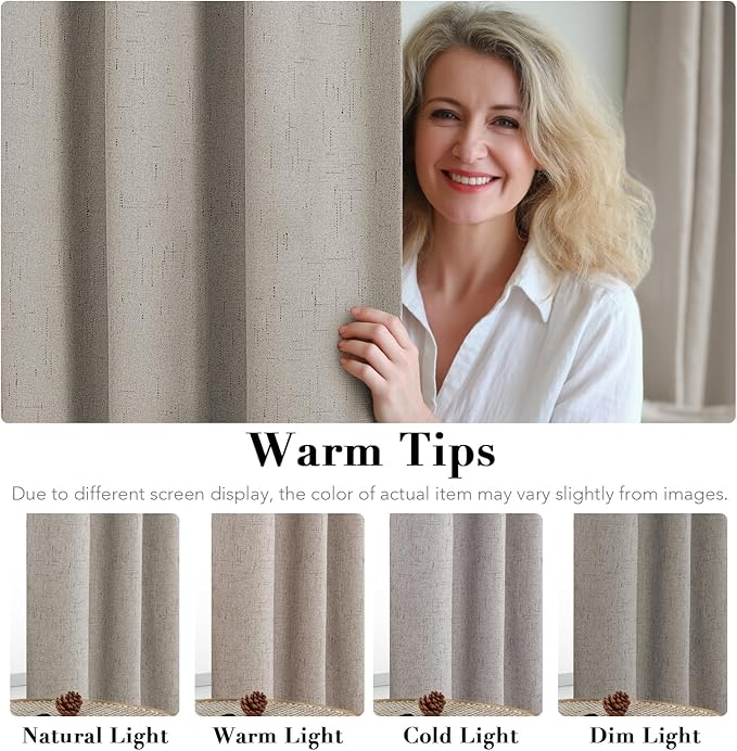 H.VERSAILTEX Linen Blackout Curtains 45 Inches Long 100% Absolutely Blackout Thermal Insulated Textured Linen Look Curtain Draperies Anti-Rust Grommet, Energy Saving with White Liner, 2 Panels, Stone HVERSAILTEX