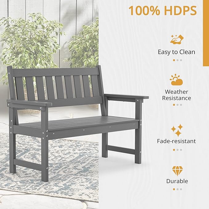 LUE BONA Outdoor Bench, 2-Person HDPS Garden Bench, Outdoor Benches Weatherproof, All-Weather Fade/Rot Resistant Patio Bench for Park, Front Porch, Backyard (Dark Gray) LUEBONA