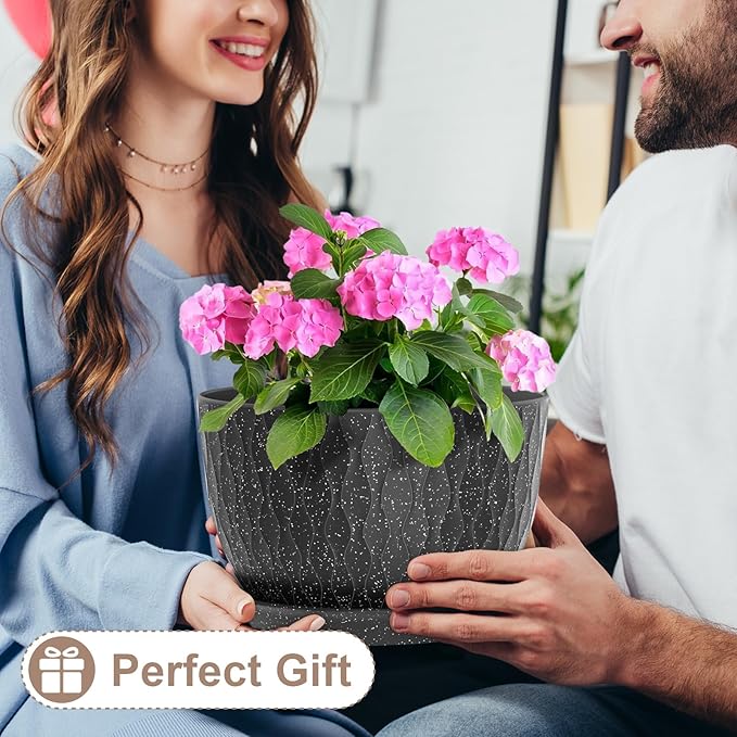 12 Inch Wide Water Ripples Flower Pots for Indoor or Outdoor Plants, Large Plant Pots with Drainage Holes & Saucer, Plastic Planters Set for Garden & Home Decor (Black with White Speckles) WSMKSZ