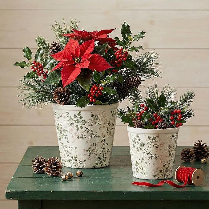 Ceramic Planter Without Drainage Hole, 6.7 Inch - Indoor/Outdoor Flower Pot for Orchids, Succulents, Green Floral Modern Farmhouse Design Plant Pot for Home,Office & Garden Décor, Ideal Gift TEWEIQI