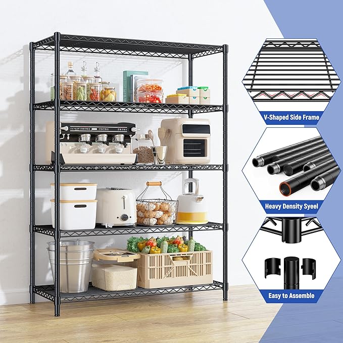 5 Tier Storage Shelves 71"H Wire Shelving Adjustable Metal Shelving,1000LBS Pantry Shelves Sturdy Steel Wire Shelf for Kitchen School Pantry Garage Warehouse ,71"H X35.5"W X13.8"D, Black,2P Romorgniz