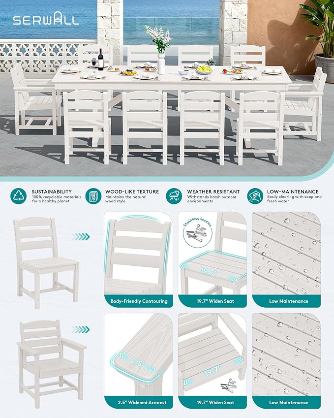 SERWALL 11 Piece Outdoor Dining Set, 84" HDPE Outdoor Table and Chairs for 10，All Weather Patio Furniture Set with Umbrella Hole for Backyard, Garden, White SERWALL