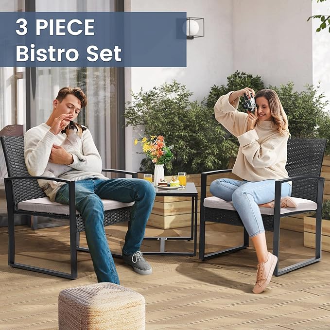 3 Piece Wicker Patio Bistro Set, Rattan Conversation Set with Coffee Table, for Balcony, Porch, Garden, Yard, Poolside, Black Frame with Grey Cushion Murago