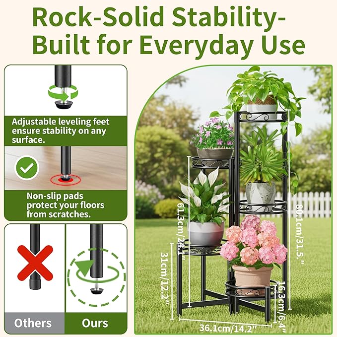 Metal Plant Stand Indoor Outdoor, 5 Tier 5 Potted Multiple Plant Shelf Stands, Wrought Iron Flower Holder Shelf, Folding Tall Rack Shelf for Patio, Balcony, Corner Living Room - BlackCircle Rootora