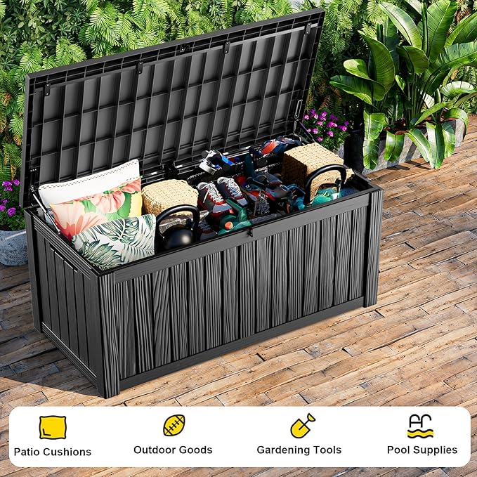 150 Gallon Outdoor Storage Box, Weather Resistant & Waterproof Resin Deck Box with UV Protection, Rattan Black Patio Storage Cabinet for Garden, Patio, Porch, Poolside(Black) KFY