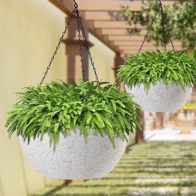WOUSIWER 13 inch 2Pack Large Hanging Planters for Outdoor Indoor Plants with Drainage Holes and Chain, Round Hanging Flower Pots for Garden Home Porch Decor, White Speckles WOUSIWER