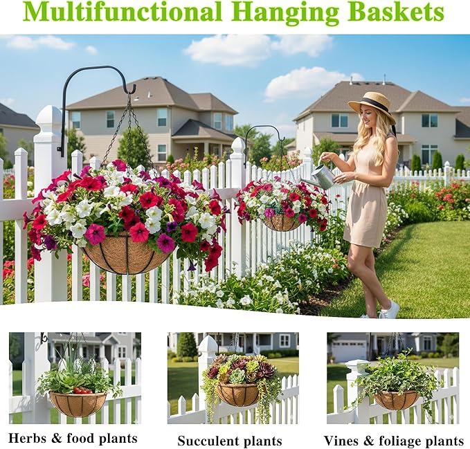 4 Pack Hanging Planter Basket with Coco Coin Liner 8 inch Hanging Flower Pots Outdoor Decorative Round Wire Plant Holder with Chain Metal Hanging Baskets for Plants Outdoor EIMQUVW