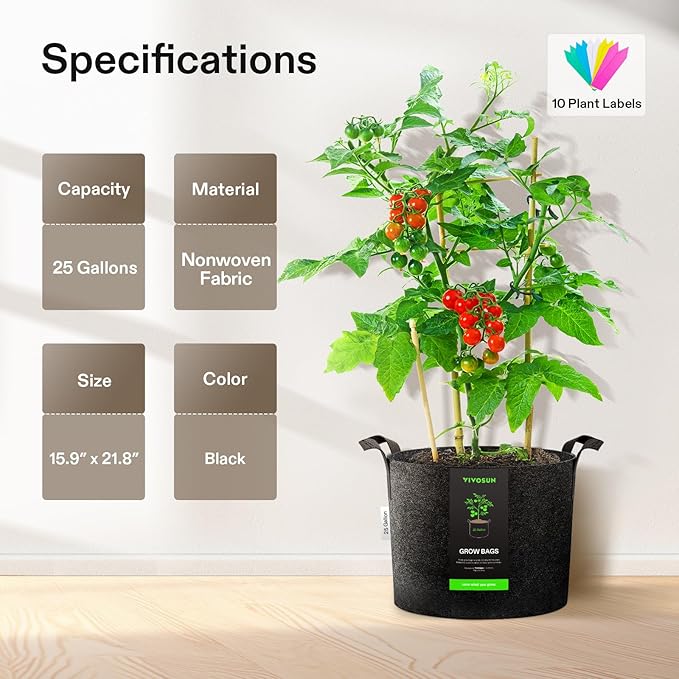 VIVOSUN 5-Pack 25 Gallon Plant Grow Bags, Heavy Duty Thickened Nonwoven Fabric Pots with Handles VIVOSUN