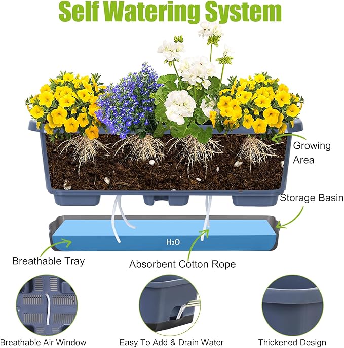 Window Box Planter 6 Pcs, 18 Inches Rectangle Flower Pots with Drainage Holes and Trays, Vegetable Planters for Windowsill Patio Garden Balcony Home Porch Yard Indoor Outdoor (Grey, 18*10*6 inch) Oliz