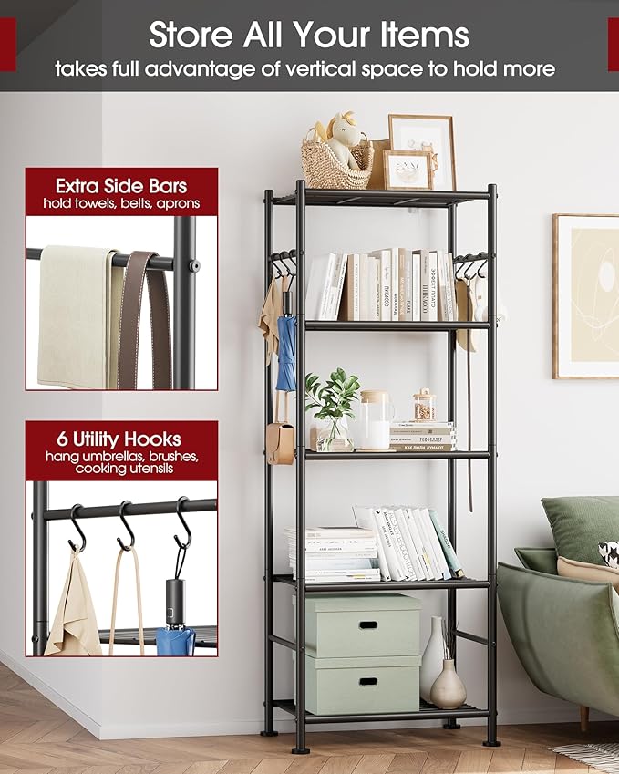 Storage Shelves - 5-Tier Large Capacity Shelf Organizer with Hooks, Heavy-Duty Garage Shelving with Leveling Feet, Wobble-Free Rack for Bedroom, Balcony, Garage, 18.1"×12.4"×56.8", Black Sakugi