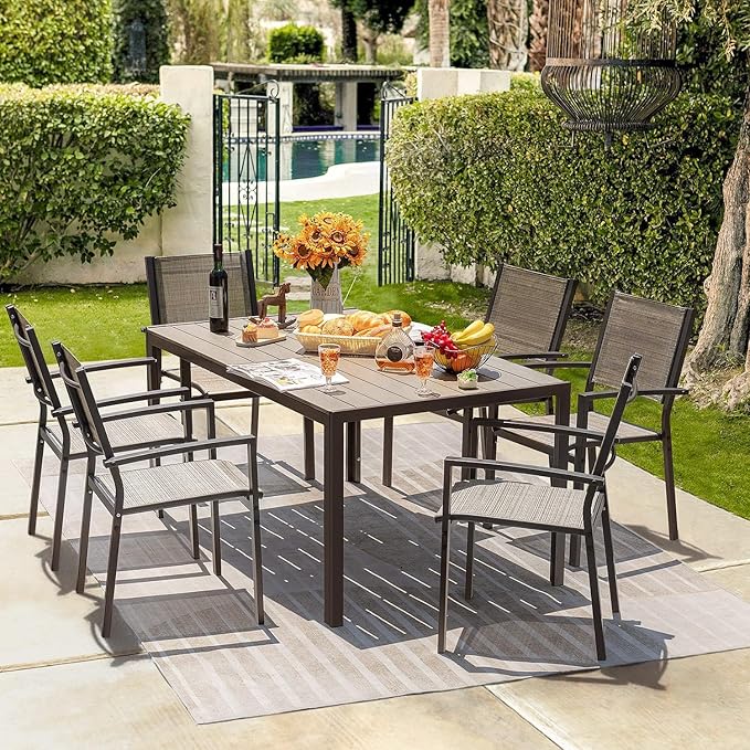 Homall Patio Dining Set 7 Pieces Outdoor Furniture with Large Table and 6 Textilene Chairs for Porch, Poolside, Yard and Garden, Brown Homall