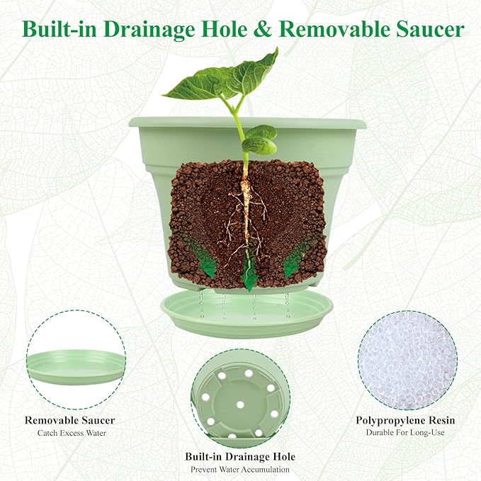 6 Inch Plastic-Flower Pot-for-Indoor Plants, 6 Pack Outdoor Plant Pots with Drainage Holes & Saucers, Resin Garden Pots Planters Pottiffe