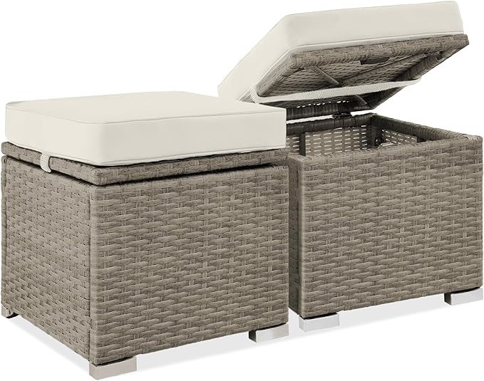 Best Choice Products Set of 2 Wicker Ottomans, Multipurpose Outdoor Furniture for Patio, Backyard, Additional Seating, Footrest, Side Table w/Storage, Removable Cushions - White Sand/Taupe BestChoiceProducts