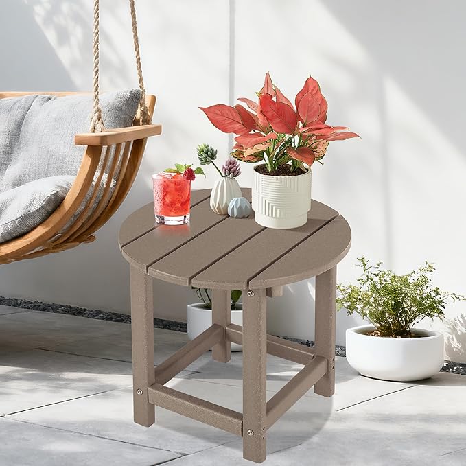 LZRS Round Adirondack Patio Side Table End Table, Outdoor Side Tables for Patio, Backyard,Pool, Indoor Companion, Easy Maintenance & Weather Resistant(Weather Wood) LZRSPET