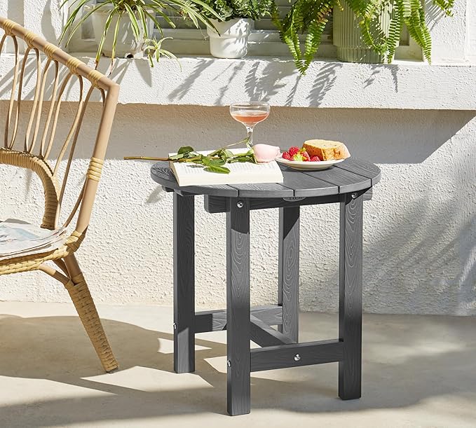 Y&M Outdoor Side Table, Waterproof Four-Legged Round Entryway End Table, Single-Tier HDPE Modern Small Coffee Nightstand for Bedroom, Living Room, Patio, Indoor or Outdoor Use, Dark Gray YM