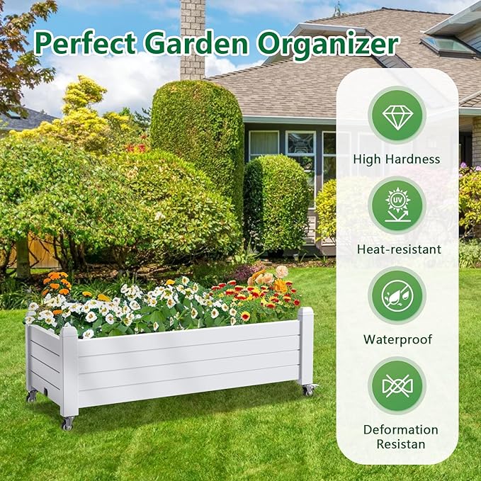 Raised Garden Bed with Wheels, 21 Gallon Self-Watering Outdoor Raised Planter Box with Drainage Plug & Gauge for Vegetables Flowers Herbs, Rustproof Resin for Backyard Patio Porch (Ashen) OutdoorLivingPerfected