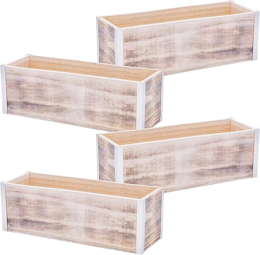 Wood Planter Box with Tin Style, 12x4 Inch Rectangular, Whitewash, Plastic Liner, Garden Centerpiece Display, Wedding Flowers Holder, Home and Venue Decor (12x4 w/ Tin Set of 4, Whitewash) Rootora
