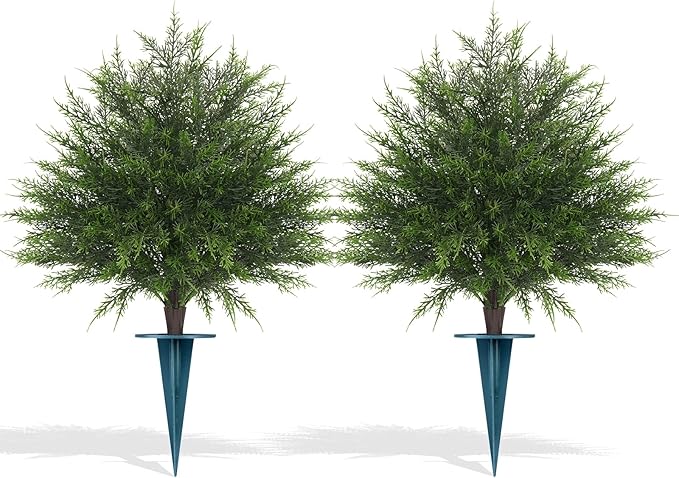 Artificial Cypress Topiary Bushes with Spike, 2 Pack Faux UV Resistant Cedar Ball Trees for Outdoor Planters, Fake Shrubs Plants for Porch Garden Decor FEELTHENEWWORLD