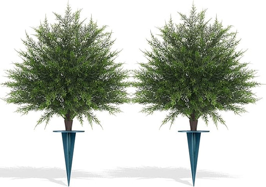 Artificial Cypress Topiary Bushes with Spike, 2 Pack Faux UV Resistant Cedar Ball Trees for Outdoor Planters, Fake Shrubs Plants for Porch Garden Decor FEELTHENEWWORLD