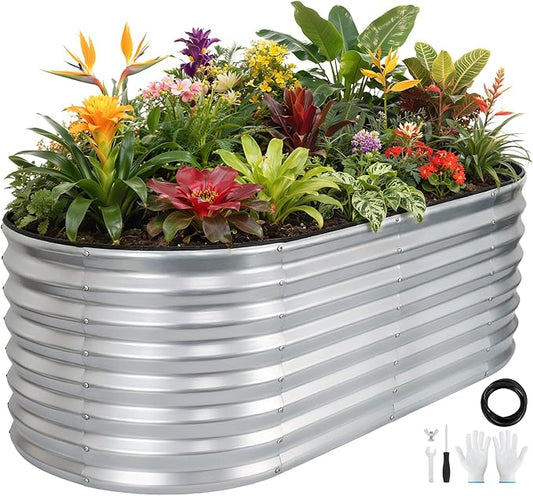Galvanized Raised Garden Bed Outdoor 24'' Deep | Oval Metal Garden Beds with Easy Assembly & Planter Box for Planting Deep Root Vegetables Fruits Flowers, 4x2x2ft Silver Rootora