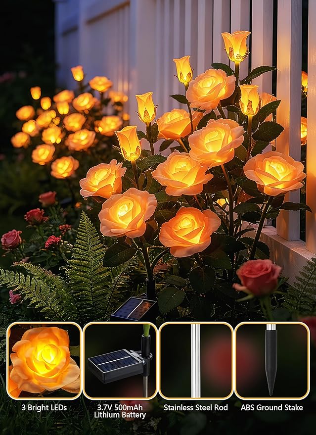 Brightown Outdoor Solar Flower Lights, 4 Pack Solar Garden Light with Larger & More Realistic Champagne Rose, Bigger Solar Panel, Waterproof Solar Lights Outdoor for Yard Garden Lawn Pathway Decor Brightown