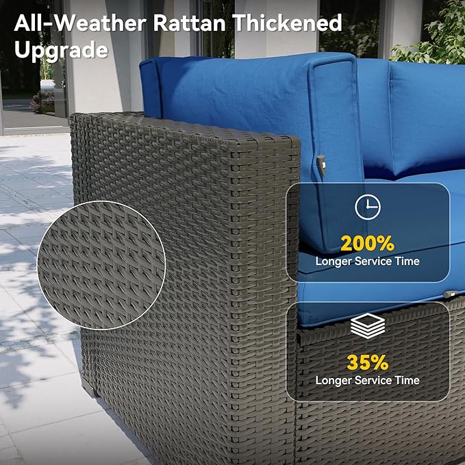 Aoxun Patio Furniture Set, 11 Piece Outdoor Sectional Sofas with Waterproof Cover, 10 Seats Wicker Rattan Outdoor Furniture Patio Conversation Set for Backyard, Garden Navy Blue Aoxun