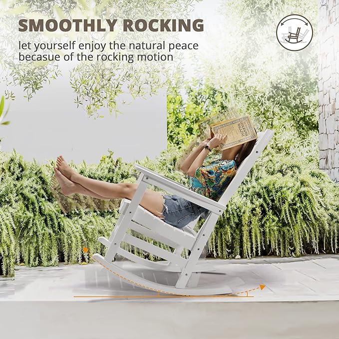 LUE BONA Outdoor Rocking Chairs Set, 3-Piece, HDPS Poly Porch Rockers with Table, Plastic Weather Resistant Rocking Chair Set for Outdoor Indoor, Garden, Backyard, 350lb,White Chairs+Table LUEBONA