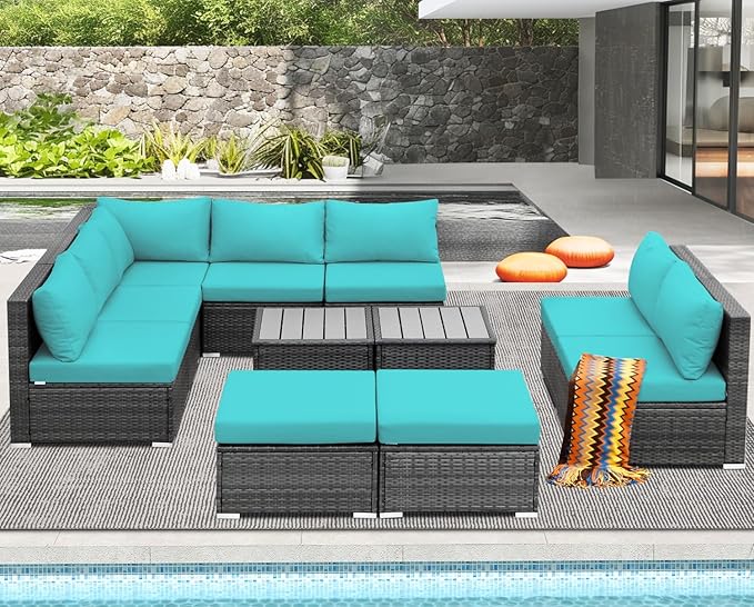 NICESOUL 11 Piece L Shaped Outdoor Conversation Set, 29.3'' High Back Comfy Wicker Patio Sectionals, Large Size Wide & Deep Seat Sofa Couches, 9 Seater Modern Furniture, 2 Color Cushion Teal & Gray NICESOUL