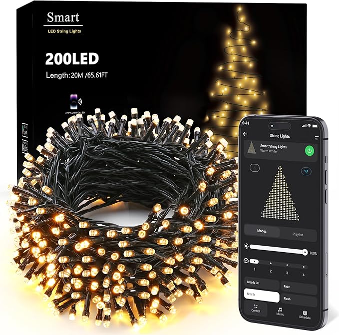 Brizled Smart String Lights, 65.61ft 200 LED Christmas Lights with APP & Voice Control, WiFi Christmas Fairy Light Warm White Music Sync Xmas Tree Lighting Green Wire for Home Xmas Tree Party Decor Brizled