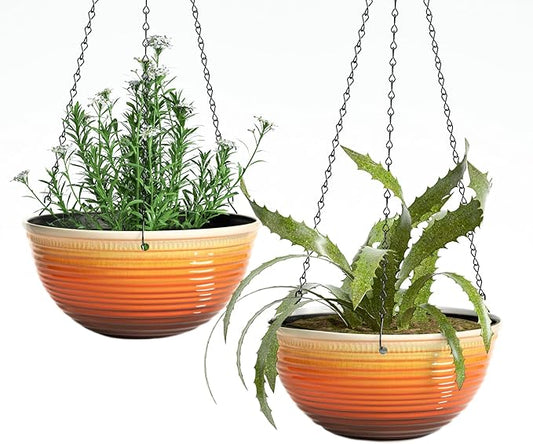 12 inch Hanging Planters for Indoor Outdoor Plants, 2 Pack Large Hanging Flower Pots with Drainage Holes and Chain, Glazed Hanging Baskets for Home Garden Decoration, Orange Vanslogreen