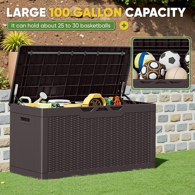 Greesum Outdoor Storage Box 100 Gallon Storage Bin with Lid for Patio Furniture, Garden Tools, Pool Supplies, Lockable, Waterproof and UV Resistant, Dark Brown BuynowfromGreesum
