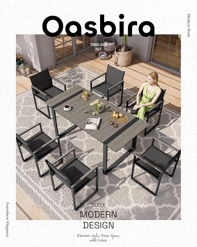Outdoor Dining Set, HDPS + Aluminum Patio Table and Chairs Set with U-Shaped Base, 7 Piece Outdoor Furniture Set with Umbrella Hole, Patio Dining Table Set for Garden, Backyard (Gray) Oasbira