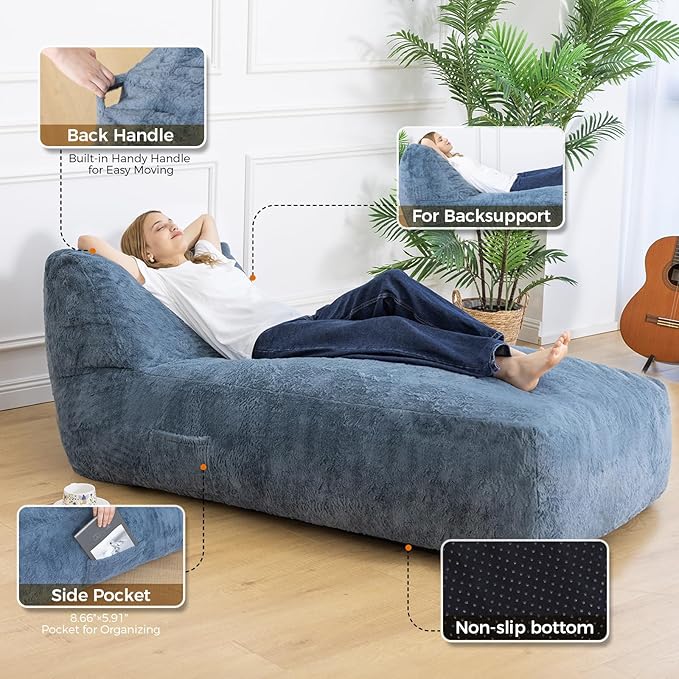 Giant Bean Bag Lounger Chair for Adults with Soft & Cozy Plush Fabric,Memory Foam Filled Beanbag Chair for Family Living Room,Bedroom and Game Room (Bluegrey) Rootora