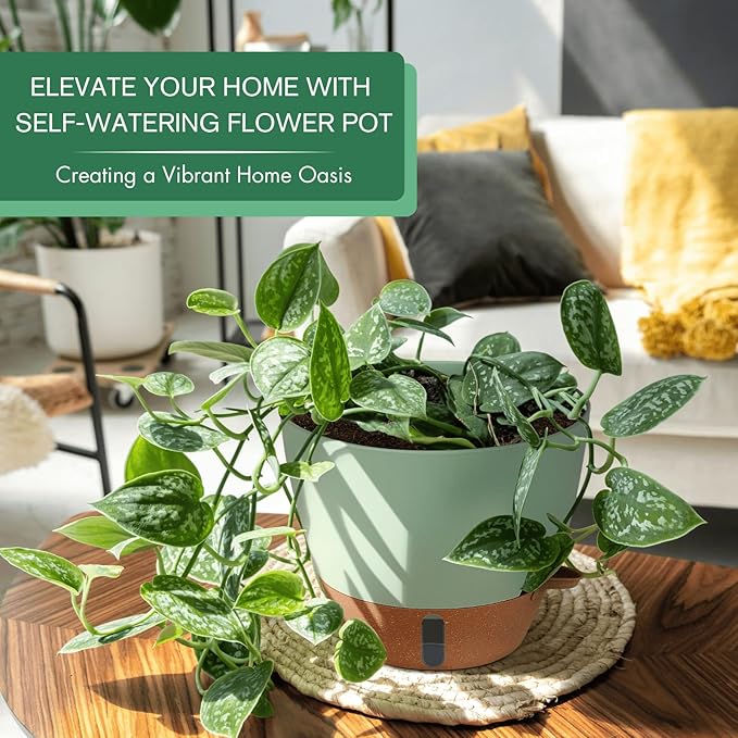 montresor 2 Pack 8 inch Plant Pots, PP Plastic Self Watering Plant Pot with Drainage and Tray for Indoor Outdoor Plants, Water Level Window & Reservoir Flower Pots Decorative Planter (Green) Montresor